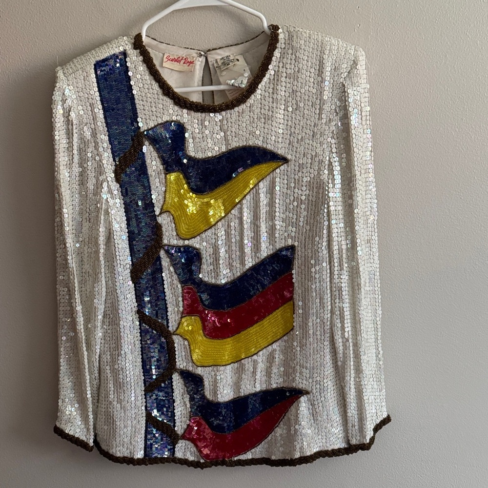 NEW Scarlett Rage Vintage medium sequin shirt top long sleeve flags nautical - Picture 2 of 10